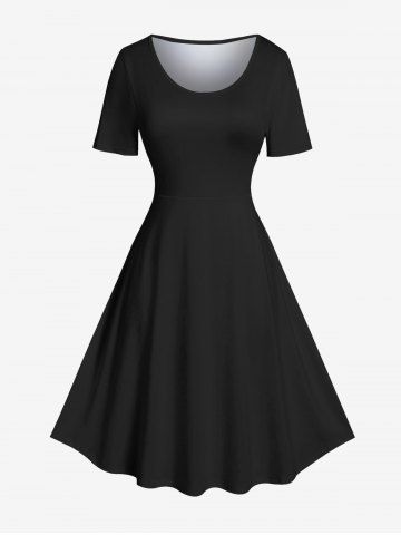Plus Size Solid Vintage A Line Mini Dress - BLACK - 1X
