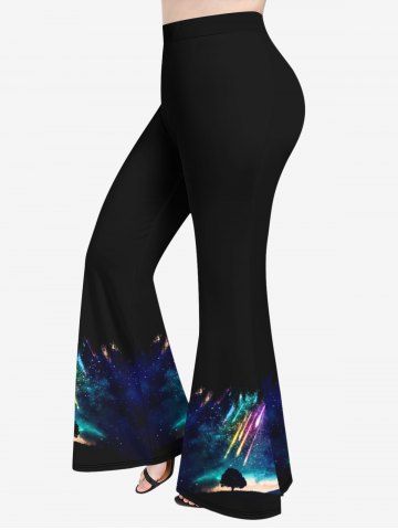 Plus Size Colorful Glitter Meteor Shower Ombre Galaxy Tree Print Hawaii Flare Pants