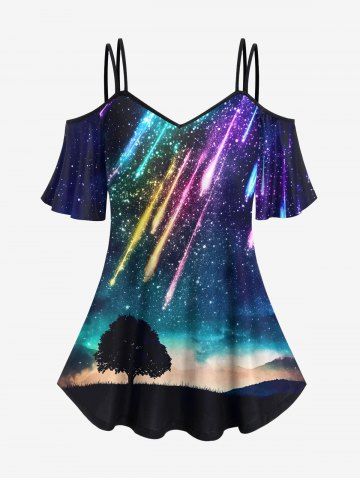 T-shirt Galaxie Météore Imprimé Ombré à Epaule Dénudée de Grande Taille à Paillettes