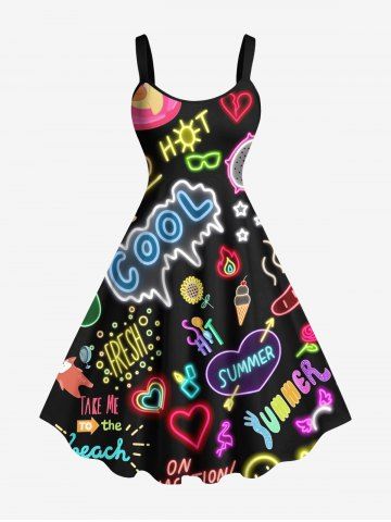 Plus Size Glitter Colorful Neon Heart Juice Letter Ice Cream Print Hawaii A Line Tank Dress - BLACK - 6X