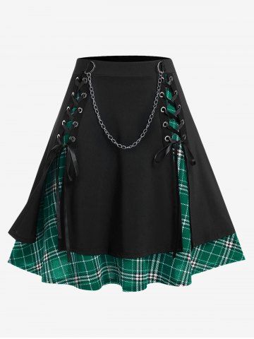Gothic Chains Lace Up Layered Plaid Skirt - DEEP GREEN - 4X | US 26-28