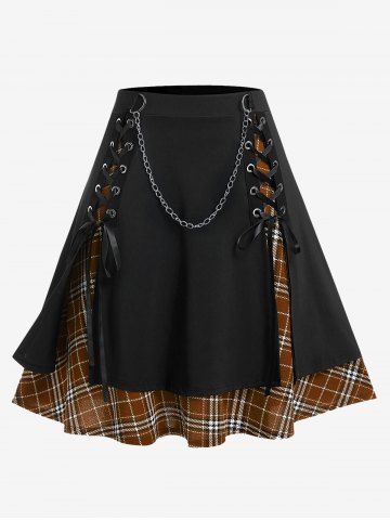 Gothic Chains Lace Up Layered Plaid Skirt - DEEP COFFEE - 4X | US 26-28