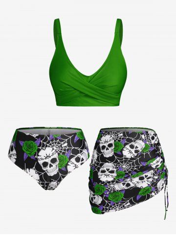 Plus Size & Curve Skull Rose Print Crossover Three Piece Bikini Swimsuit - SEA GREEN - 2X