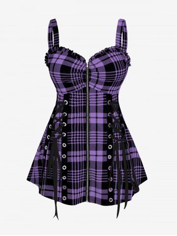 Plus Size & Curve Lace Up Full Zipper Plaid Tank Top - LIGHT PURPLE - 2X | US 18-20