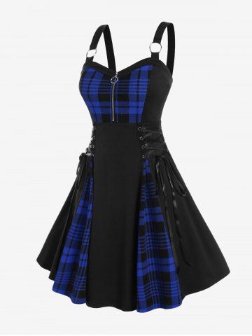 Plus Size Plaid Colorblock Print Lace Up Half Zipper Patchwork Fit and Flare Dress - DEEP BLUE - 2X | US 18-20