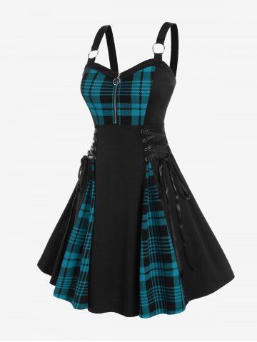 Plus Size Plaid Colorblock Print Lace Up Half Zipper Patchwork Fit and Flare Dress - BLUE - L | US 12