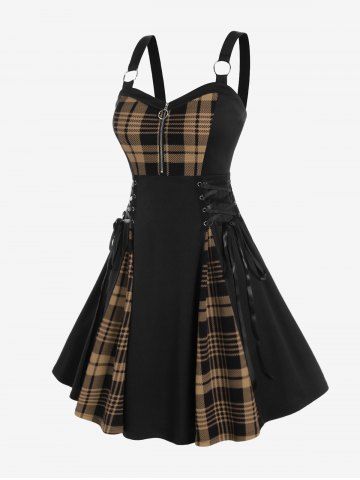Plus Size Plaid Colorblock Print Lace Up Half Zipper Patchwork Fit and Flare Dress - COFFEE - 1X | US 14-16