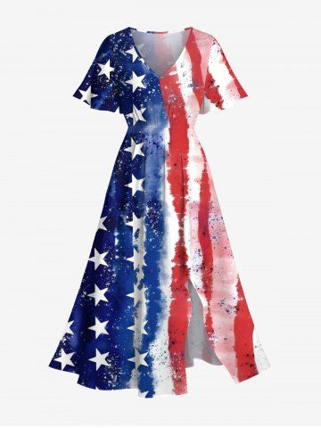 Plus Size Distressed Patriotic American Flag Print Split Pocket A Line Midi Dress - WHITE - M