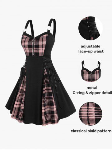 Gothic Plus Size Plaid Colorblock Print Lace Up Half Zipper Patchwork Fit and Flare Dress