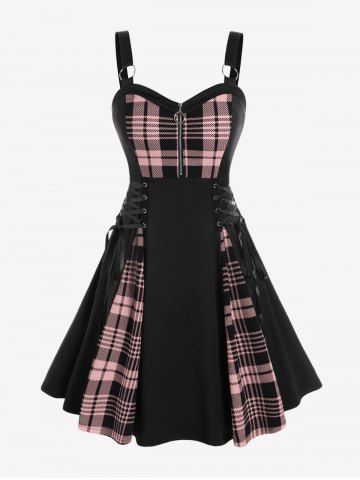 Gothic Plus Size Plaid Colorblock Print Lace Up Half Zipper Patchwork Fit and Flare Dress