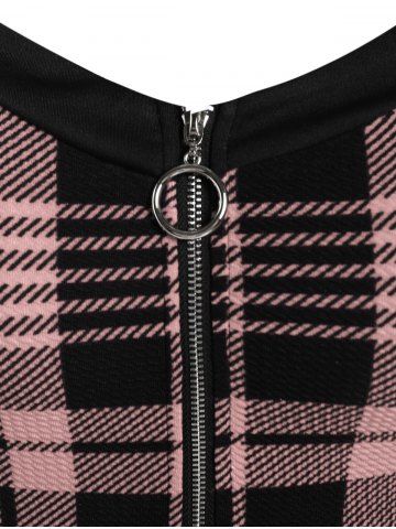 Gothic Plus Size Plaid Colorblock Print Lace Up Half Zipper Patchwork Fit and Flare Dress