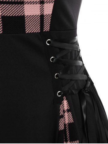 Gothic Plus Size Plaid Colorblock Print Lace Up Half Zipper Patchwork Fit and Flare Dress