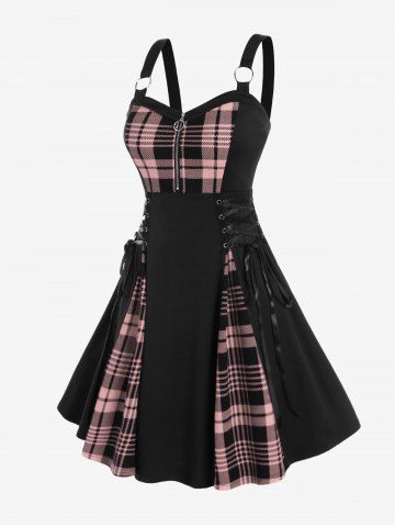 Plus Size Plaid Colorblock Print Lace Up Half Zipper Patchwork Fit and Flare Dress - LIGHT PINK - 5X | US 30-32