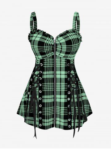 Plus Size & Curve Lace Up Full Zipper Plaid Tank Top - LIGHT GREEN - 1X | US 14-16
