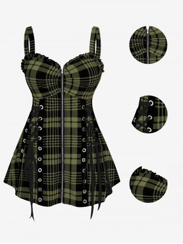 Plus Size & Curve Lace Up Full Zipper Plaid Tank Top