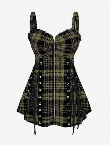 Plus Size & Curve Lace Up Full Zipper Plaid Tank Top - GREEN - 5X | US 30-32