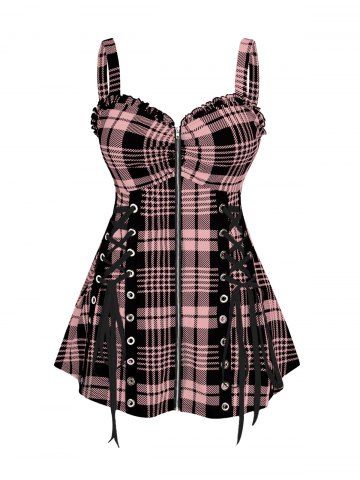 Plus Size & Curve Lace Up Full Zipper Plaid Tank Top - LIGHT PINK - 5X | US 30-32