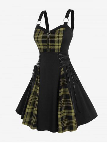 Plus Size Plaid Colorblock Print Lace Up Half Zipper Patchwork Fit and Flare Dress - OLIVE GREEN - 5X | US 30-32