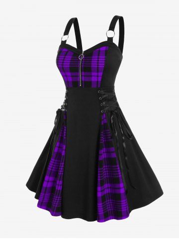 Gothic Plus Size Plaid Colorblock Print Lace Up Half Zipper Patchwork Fit and Flare Dress - CONCORD - 5X | US 30-32