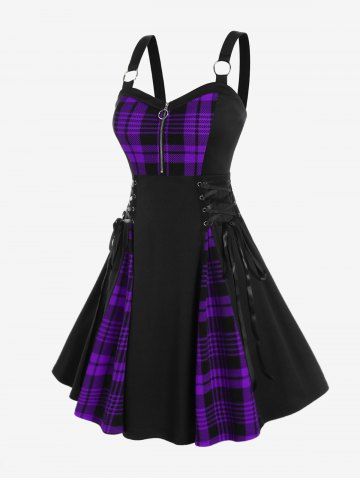 Gothic Plus Size Plaid Colorblock Print Lace Up Half Zipper Patchwork Fit and Flare Dress