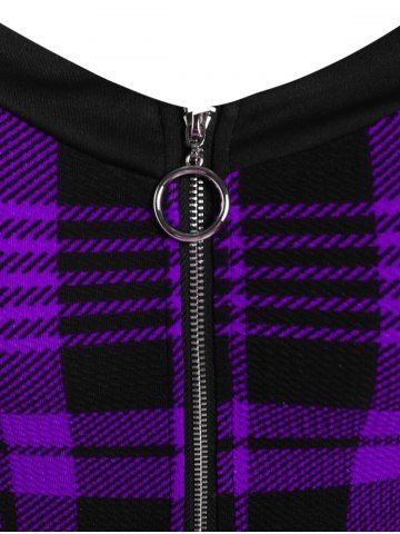 Gothic Plus Size Plaid Colorblock Print Lace Up Half Zipper Patchwork Fit and Flare Dress