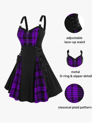Gothic Plus Size Plaid Colorblock Print Lace Up Half Zipper Patchwork Fit and Flare Dress