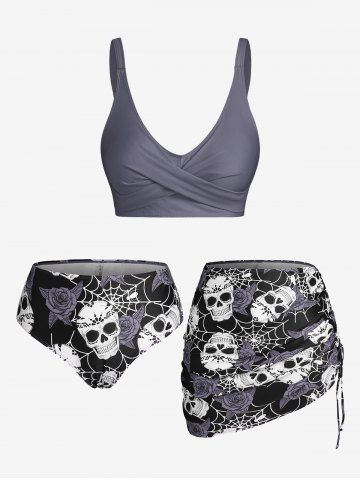 Maillot de bain bikini trois pièces croisé à imprimé tête de mort et rose, grandes tailles et formes généreuses. - GRAY - 4X