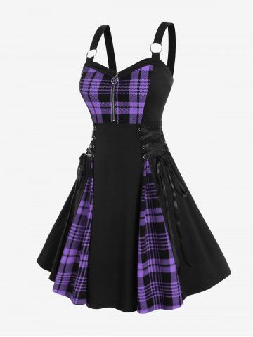 Gothic Plus Size Plaid Colorblock Print Lace Up Half Zipper Patchwork Fit and Flare Dress
