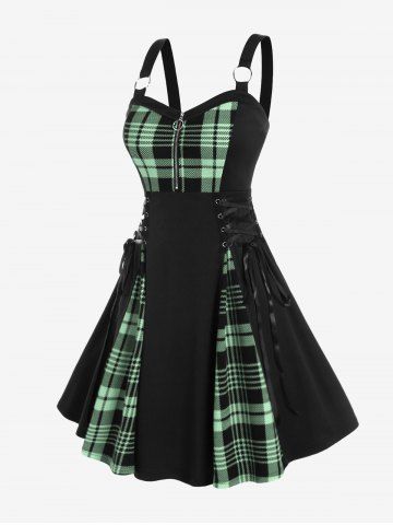 Gothic Plus Size Plaid Colorblock Print Lace Up Half Zipper Patchwork Fit and Flare Dress - LIGHT GREEN - M | US 10
