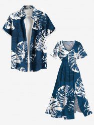 Tenue de plage hawaïenne assortie grande taille à imprimé feuilles tropicales pour couples - Bleu 