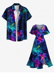 Tenue de plage hawaïenne assortie grande taille à imprimé feuilles tropicales et fleurs ombrées pailletées pour couples - Bleu profond 