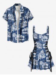 Sac D'Ecole de Plage Feuille Tropicale et Flamant Imprimé en Denim pour Couples - Bleu 