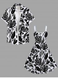 Tenue de plage hawaïenne assortie grande taille à imprimé floral et feuilles tropicales bicolores pour couples - Noir 