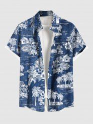 Plus Size Coconut Tree Tropical Leaves Floral Seascape Lmitation Denim Print Hawaii Button Pocket Shirt For Men -  