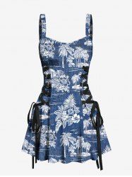 Robe Pin-Up Rétro Ceinturée Feuille Tropicale et Arbre de Noix de Coco Imprimés en Denim - Bleu XXXL