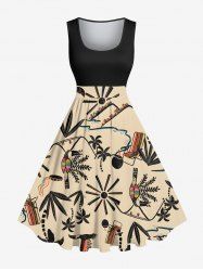 Robe Vintage Trapèze Arbre Noix de Coco et Soleil Imprimés Grande Taille - café lumière 4X