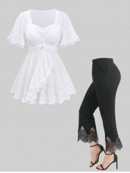 T-shirt Brodé Floral à Glands et Pantalon Evasé de Grande Taille - Blanc 