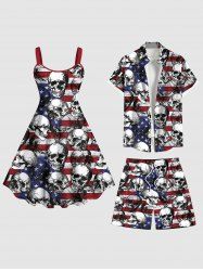 Patriotic American Flag Skulls Print Plus Size Matching Outfit For Couples -  