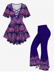Ensemble T-shirt Rayé Ombre à Imprimé Rose Grande Taille - Bleu profond 