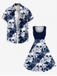 Skulls Hibiscus Flower Leaf Print Plus Size Matching Hawaii Beach Outfit For Couples -  