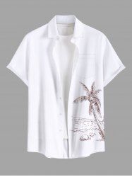 Plus Size Coconut Tree Seascape Print Buttons Pocket Hawaii Shirt For Men -  