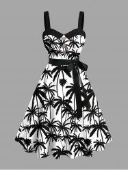 Plus Size Two Tone Coconut Tree Print Buttons Turn Down Collar Hawaii Dress With Belt -  