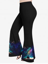 Pantalon Évasé Imprimé Pluie D'arbre Coloré et Galaxie Grande Taille - Noir 1X