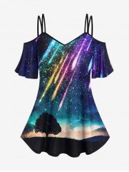 Plus Size Colorful Glitter Meteor Shower Ombre Galaxy Tree Print Hawaii Cold Shoulder Cami T-shirt -  
