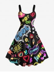 Plus Size Glitter Colorful Neon Heart Juice Letter Ice Cream Print Hawaii A Line Tank Dress -  