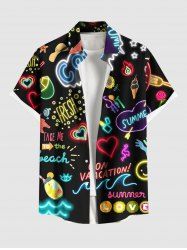 Plus Size Glitter Colorful Neon Heart Juice Letter Ice Cream Print Hawaii Button Pocket Shirt For Men -  