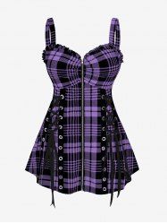 Plus Size & Curve Lace Up Full Zipper Plaid Tank Top -  