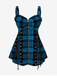 Plus Size & Curve Lace Up Full Zipper Plaid Tank Top -  