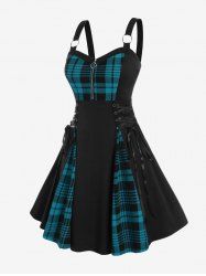 Plus Size Plaid Colorblock Print Lace Up Half Zipper Patchwork Fit and Flare Dress -  