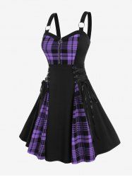 Robe gothique grande taille à carreaux, imprimé colorblock, laçage, demi-zip, patchwork, coupe évasée - Violet clair M | US 10